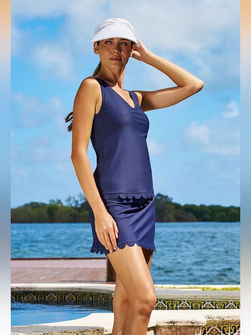 Coolibar Navy Scallop-Trim Tankini Top - XL - UPF 50+